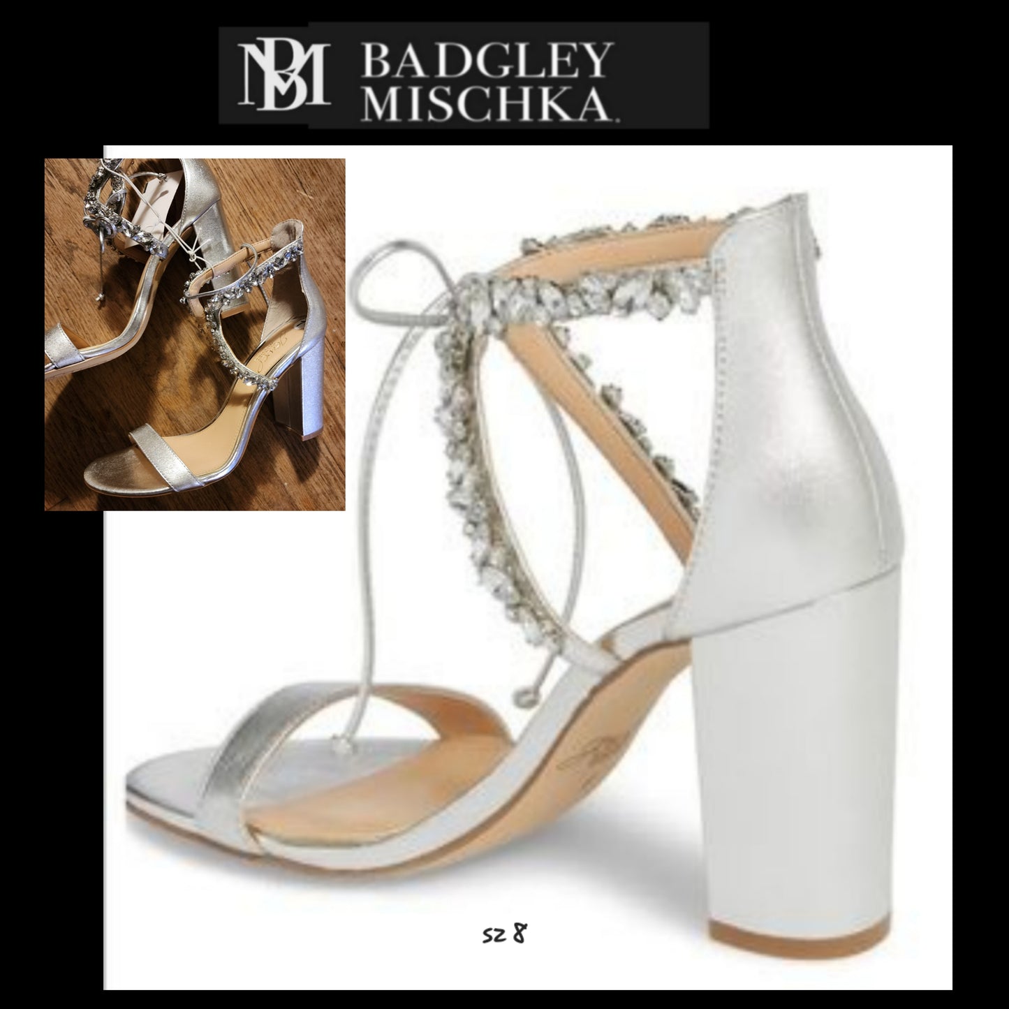 Badgley Mischka Thamar Crystal Strappy Block Heel. Sz 8. Silver