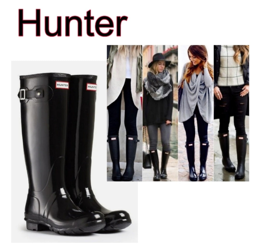 Hunter Original Tall Gloss Rain Boots Sz 10. Black
