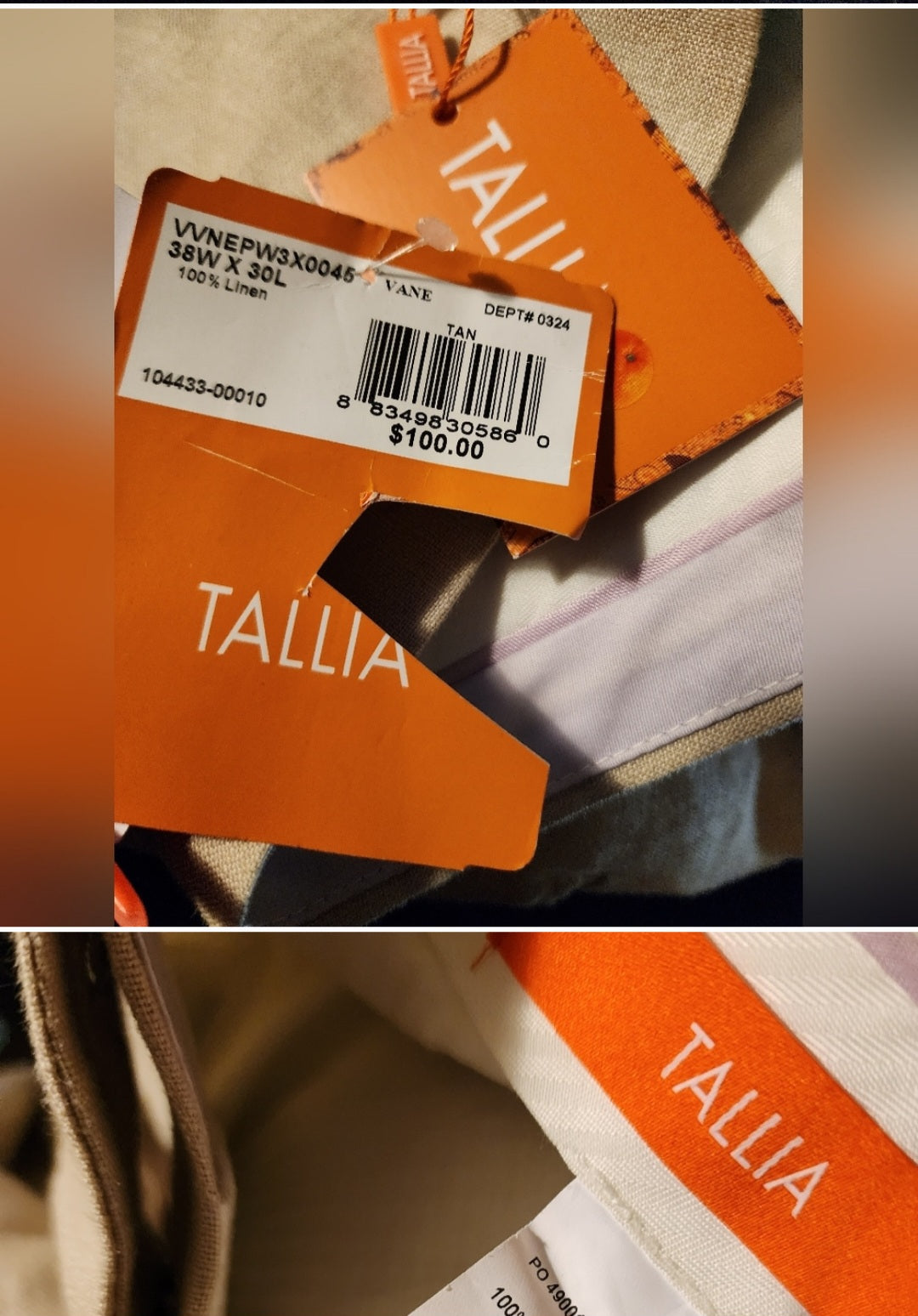 Tallia Orange Tan Linen Dress Pants. Sz 38x30. Org $100. DEAL!!