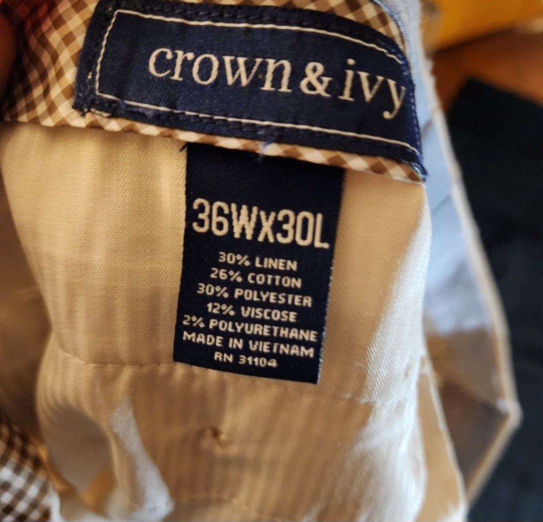 Crown & Ivy Tan Linen Solid Pants. Sz 36x30. Feels great!!