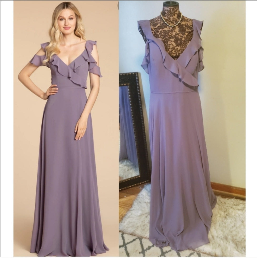 Hayley Paige Wisteria chiffon ruffle cldshldr occasion dress Sz 14. NWTs💥DEAL!