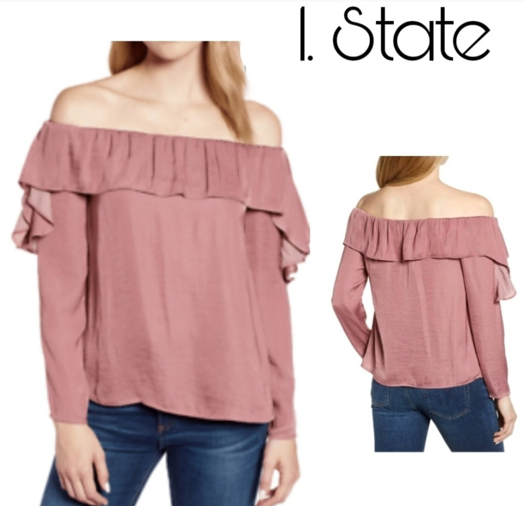 1.State Oxblood "moody hues" ruffle OTS top. Sz Sm