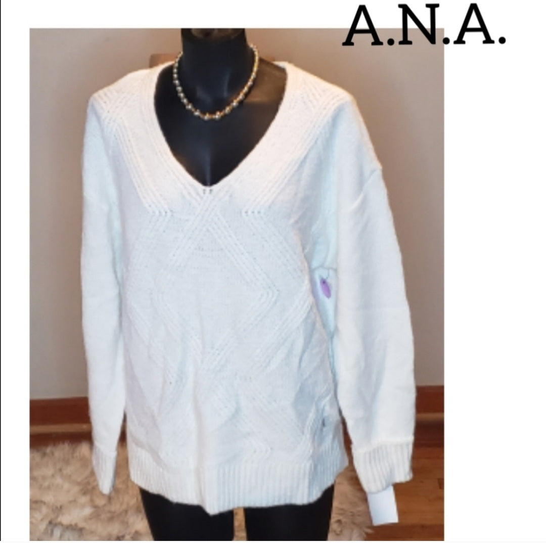 A.N.A. white ribbed vnevk sweater