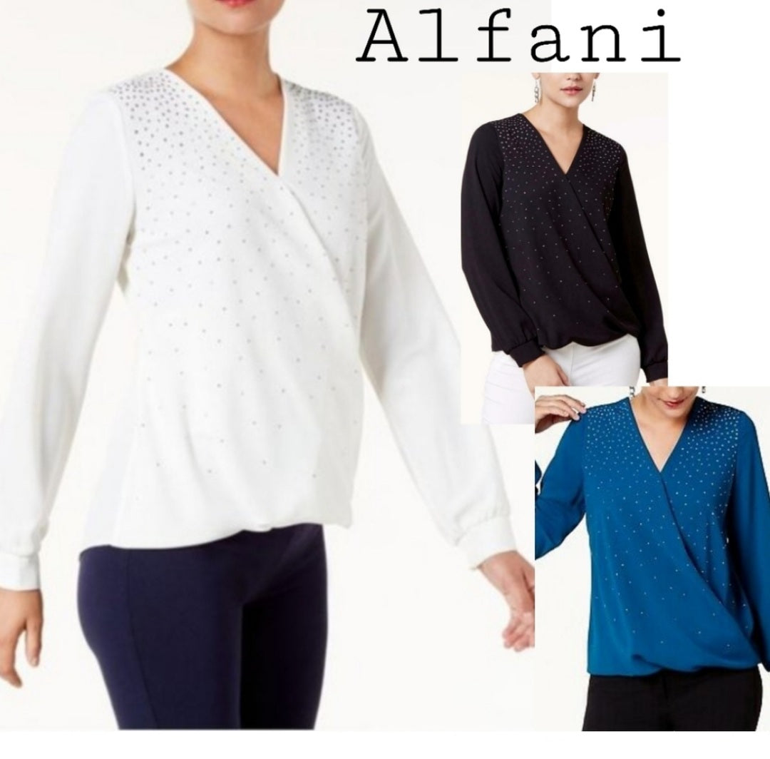 Alfani petites white embellished surplice top PMed