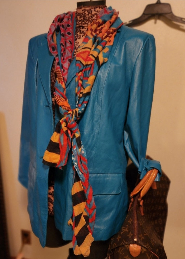 Turquiose leather jacket/blazer. Sz 14.