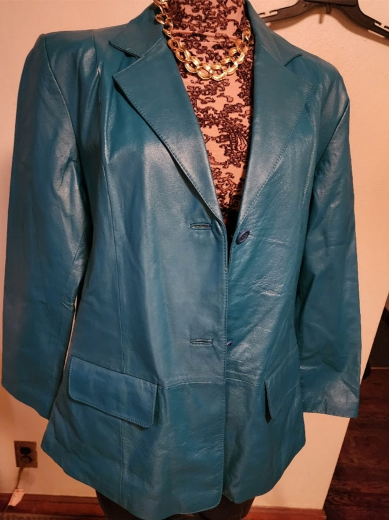 Turquiose leather jacket/blazer. Sz 14.