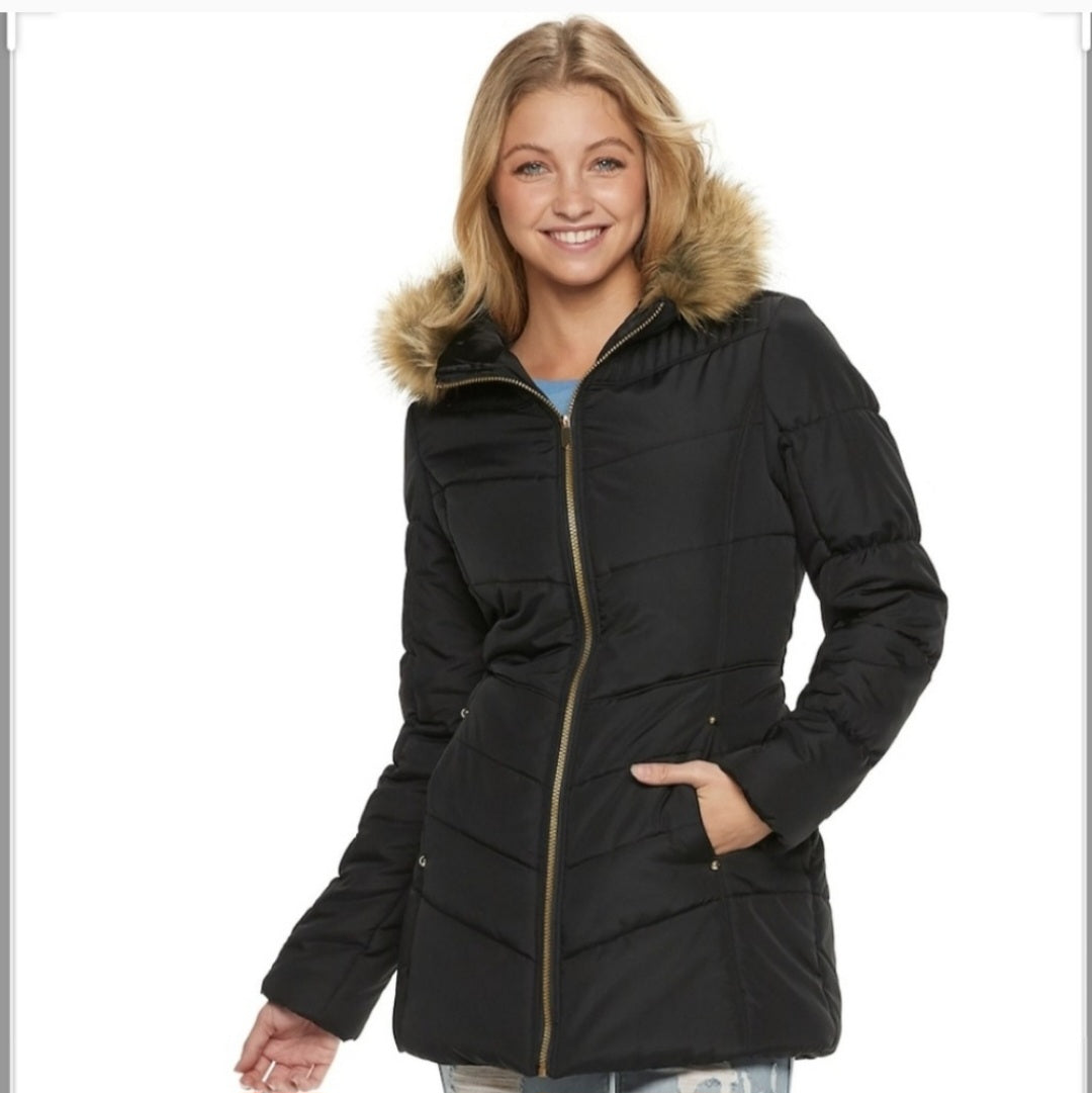 Pink Envelope black faux fur puffer coat. Sz XL