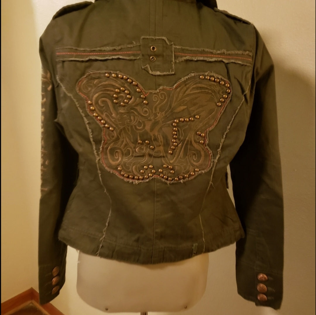 Lovestitch khaki green military embrd jcket. Sz Sm