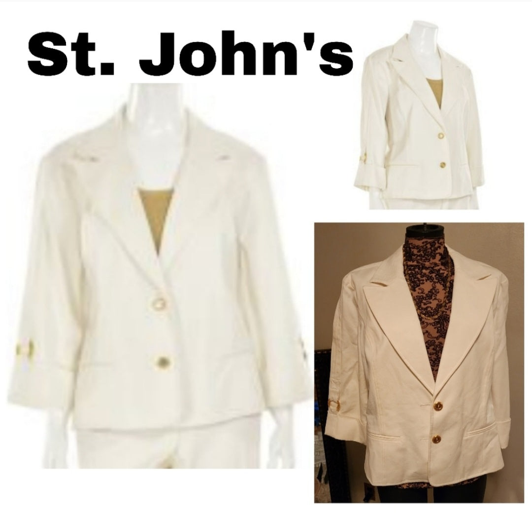 St. John's Casual Denim Pant Suit blazer in Cream White. Sz Med