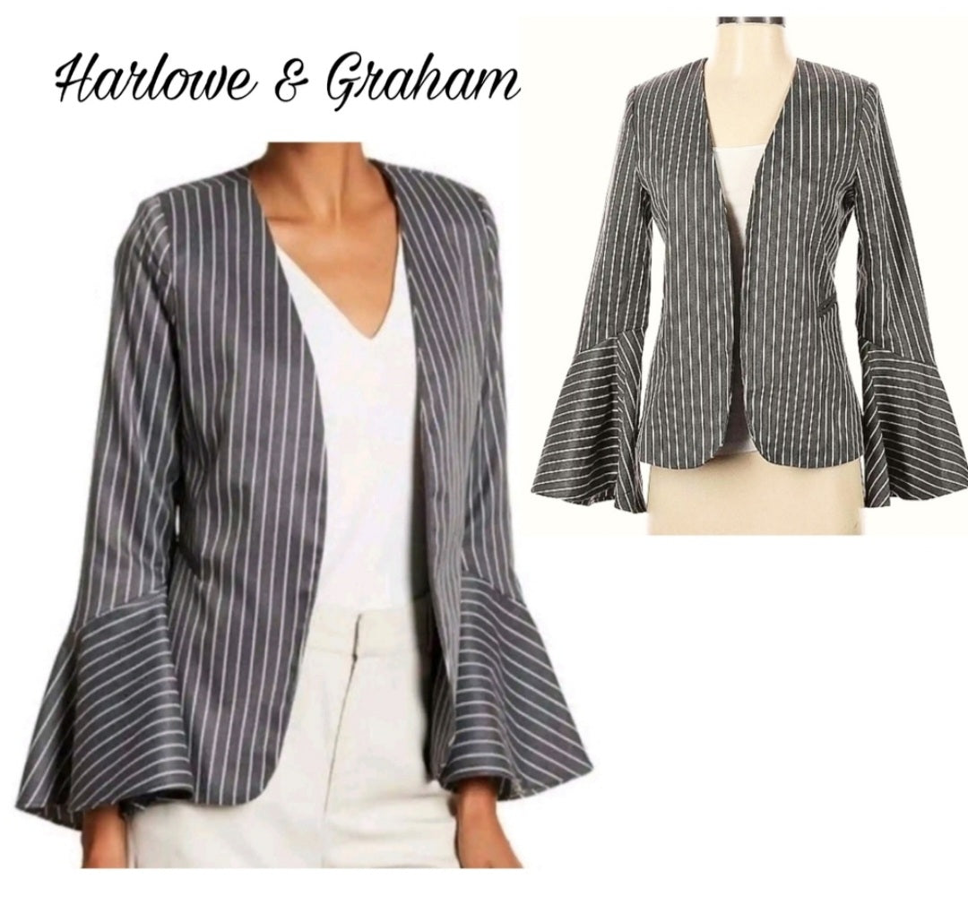 Harlowe & Graham gray stripe bell sleeve open collarless blazer jacket Size Med