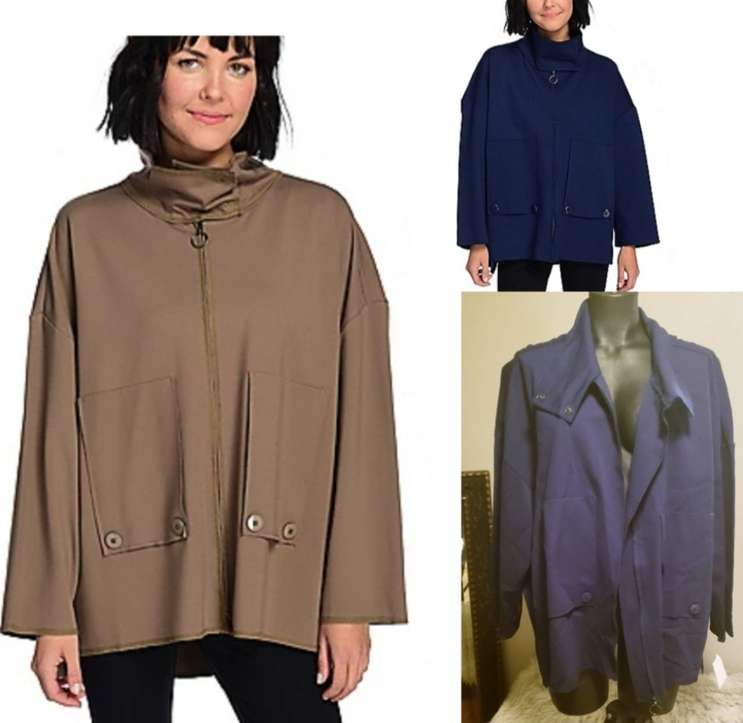 Studio Nouveau Stretch Knit Drop Shoulder Stand Collar 2-Pocket Jacket. Sz M/L