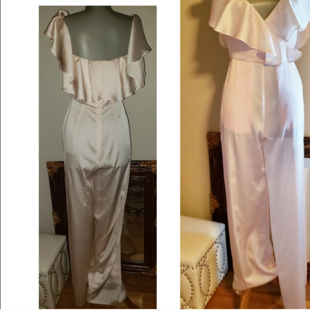 Tularosa pink "satin" ruffle jumpsuit. Sz Sm