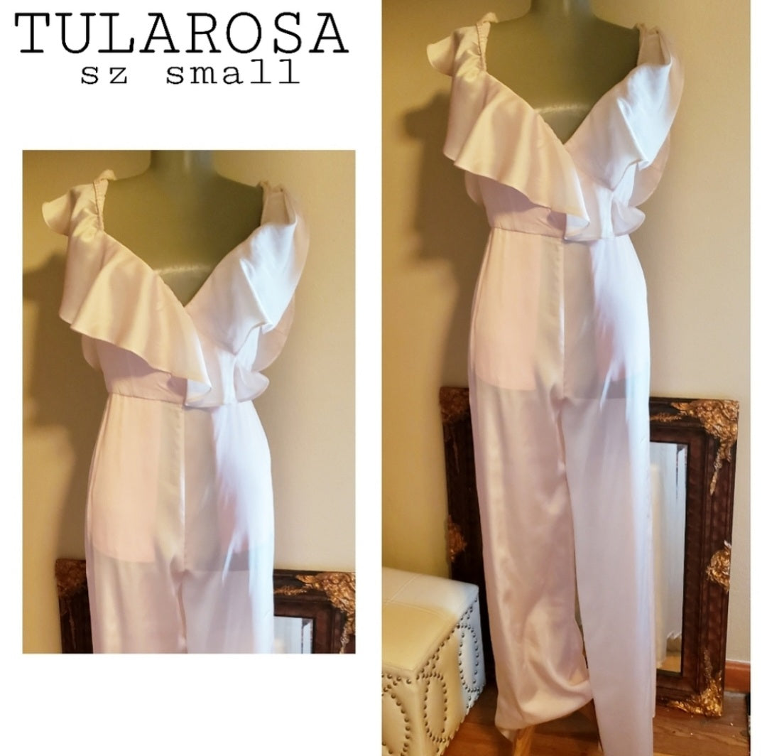 Tularosa pink "satin" ruffle jumpsuit. Sz Sm