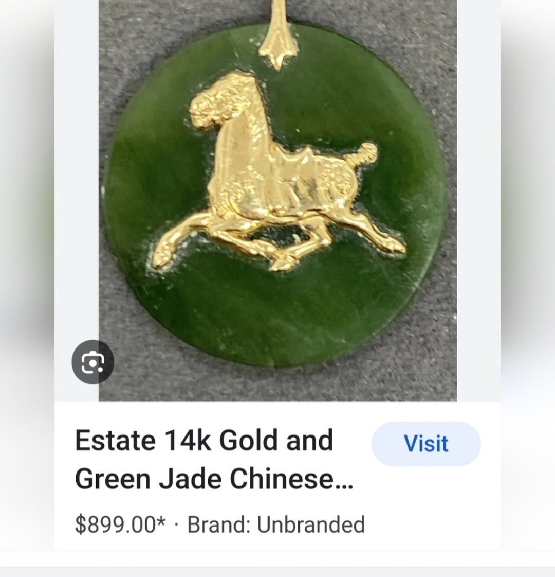 Beautiful Vintage 14k Gold & Jade Galloping Horse Medallion/ Pendant. 31.9mm