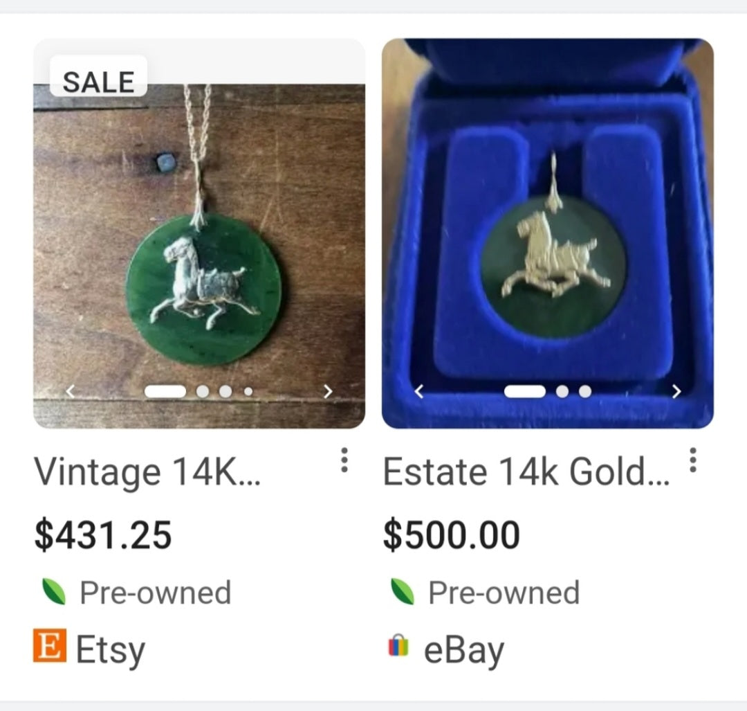 Beautiful Vintage 14k Gold & Jade Galloping Horse Medallion/ Pendant. 31.9mm