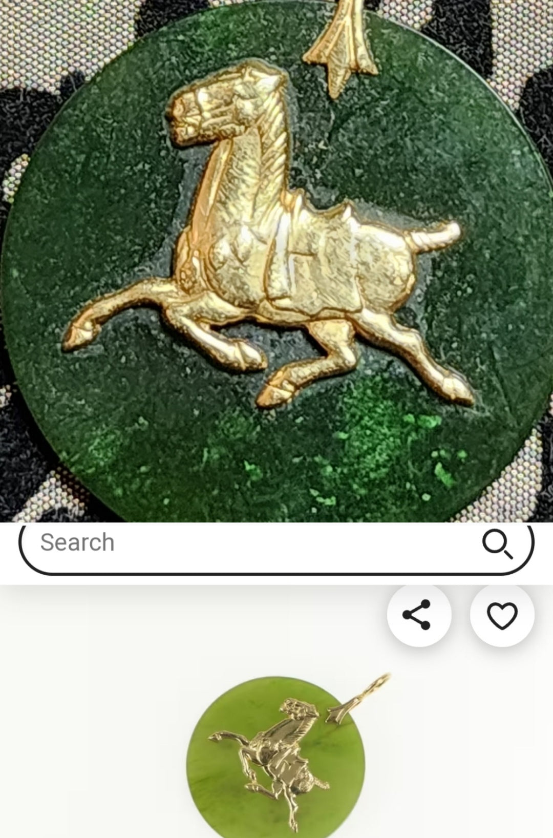Beautiful Vintage 14k Gold & Jade Galloping Horse Medallion/ Pendant. 31.9mm