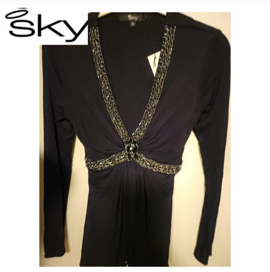 SKY Bell Sleeve Chain Trim Deep V-Neck Top. Size S. NEW! DEAL!