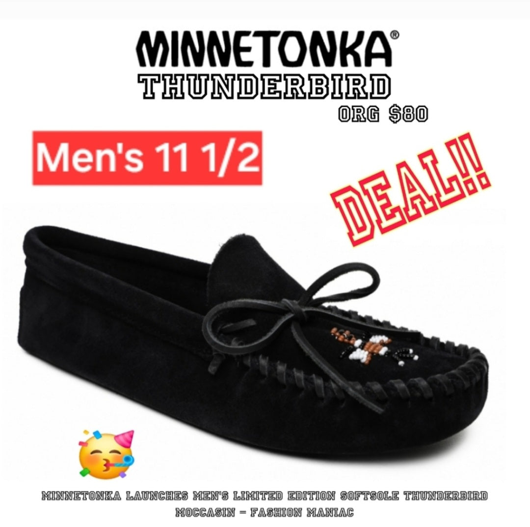 Minnetonka Men THUNDERBIRD black moccasin. Sz 11.5