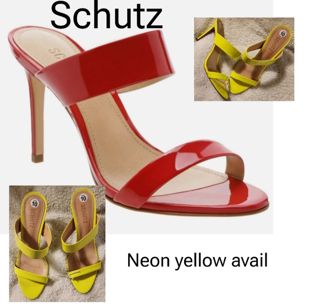 Schutz neon yellow strappy mule/slides/sandal heels. Sz 10.