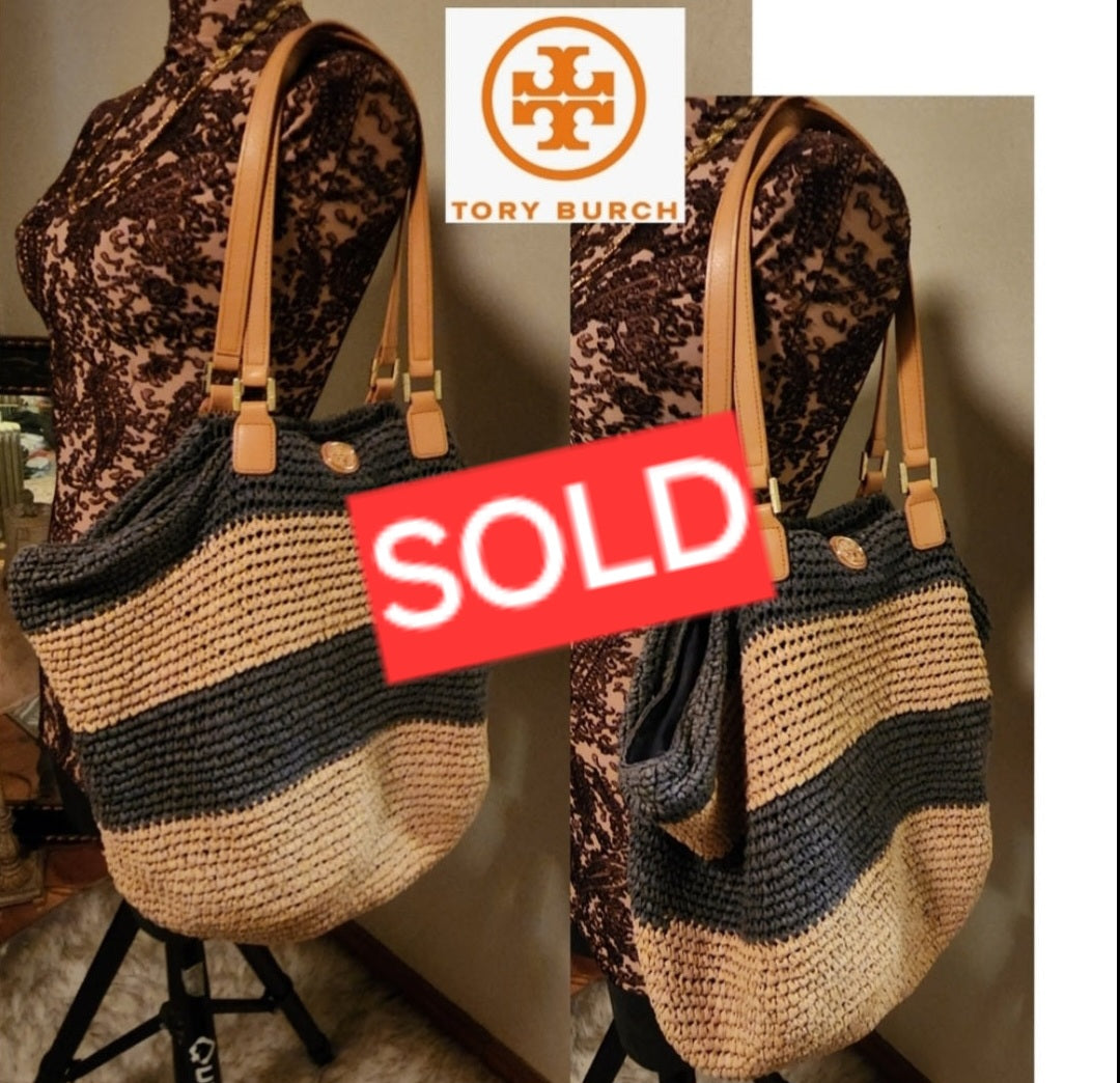 Tory Burch straw bag. Blue/ tan