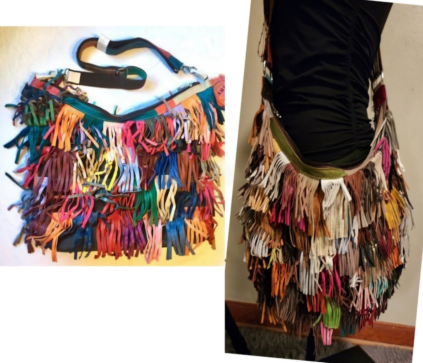 XL 100% Leather Patchwork Tab Fringe Handbag. Beautiful!