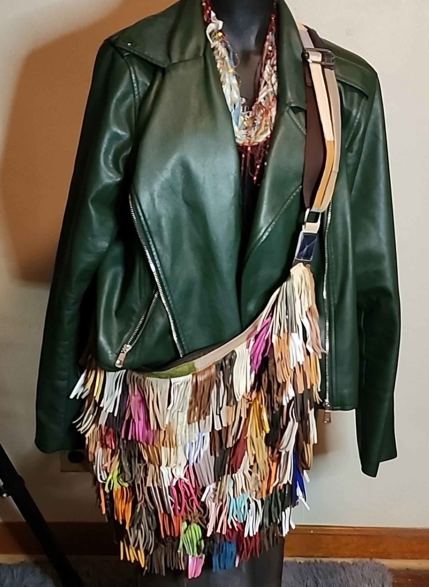 XL 100% Leather Patchwork Tab Fringe Handbag. Beautiful!