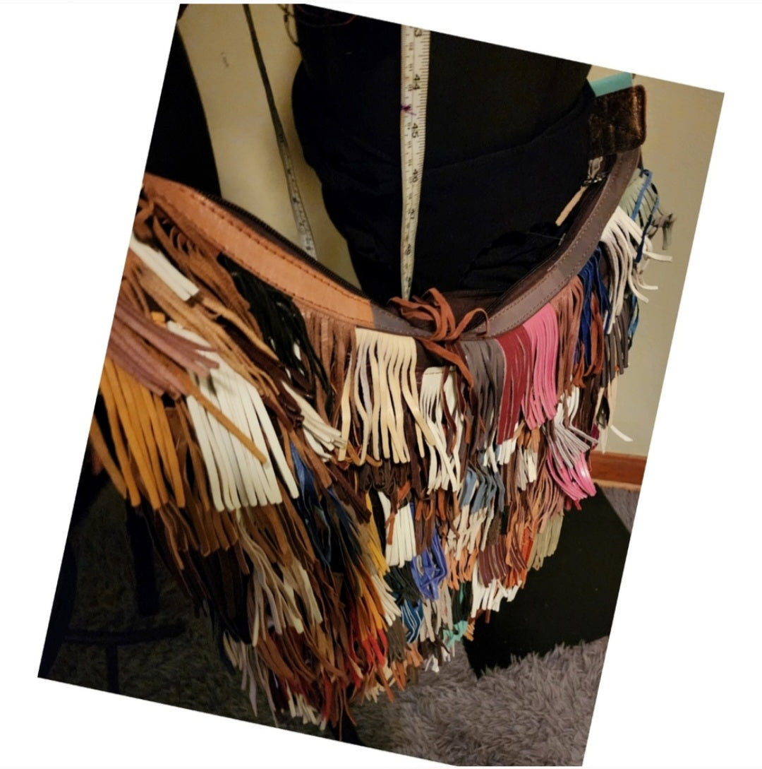 XL 100% Leather Patchwork Tab Fringe Handbag. Beautiful!