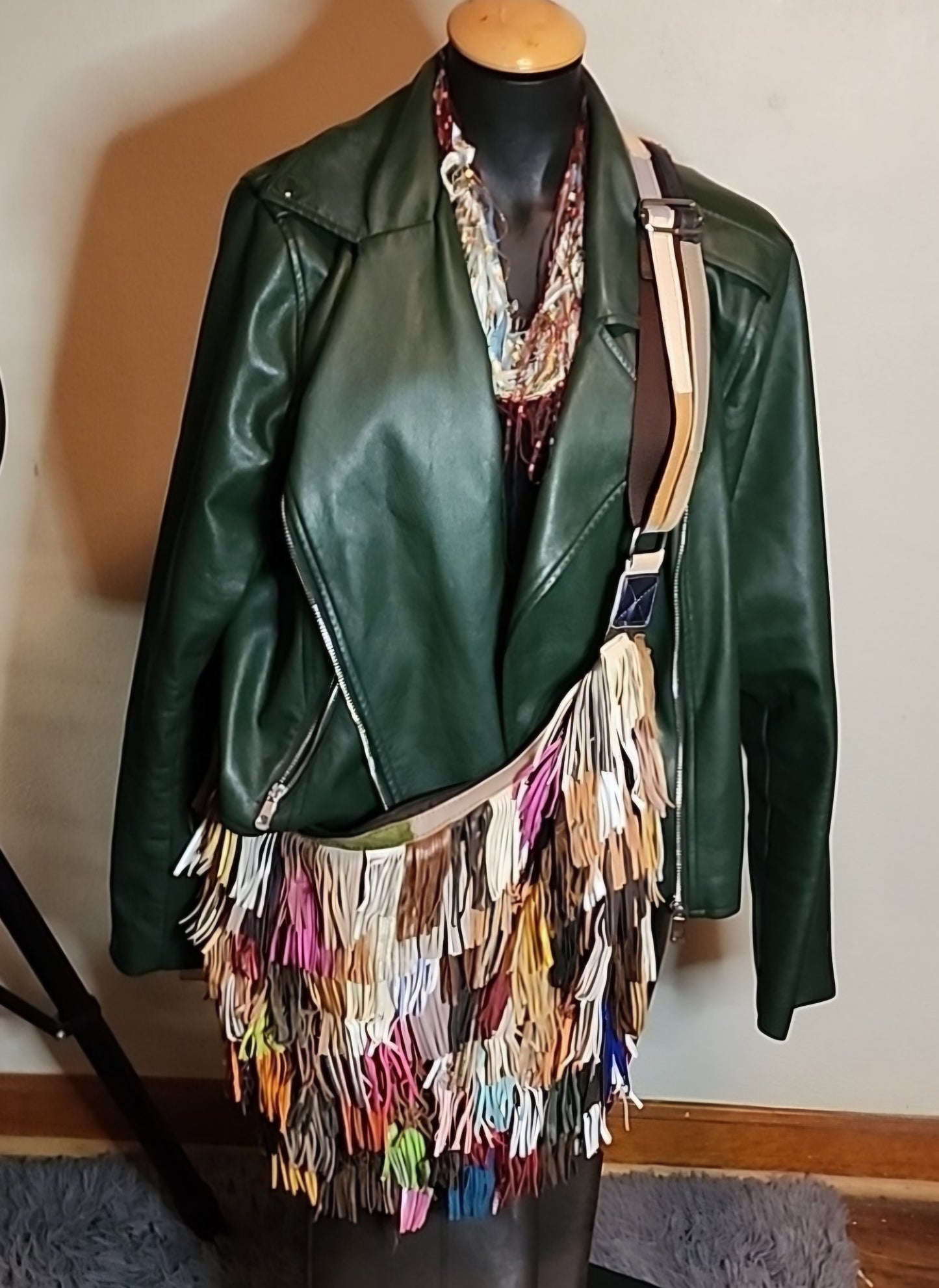 XL 100% Leather Patchwork Tab Fringe Handbag. Beautiful!