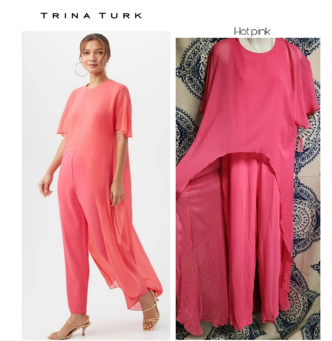 Trina Turk Capote Jumpsuit in Hot Pink. 100% silk overlay Sz 10. NWTs. Org $498