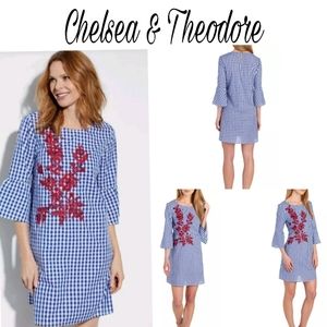 Chelsea & Theodore bell slvd embroidered dress Lg