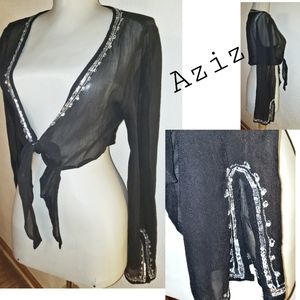 Aziz crop tie front sheer sequin top. Sz Lrg
