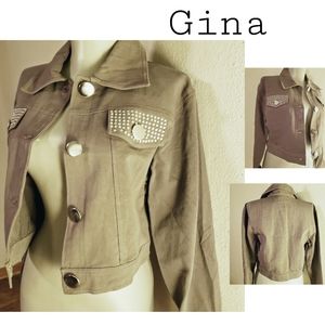 GINA khaki green denim rhinestone jacket.