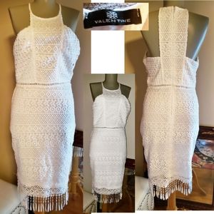 VALENTINE white crochet fringe sheath dress Sz M