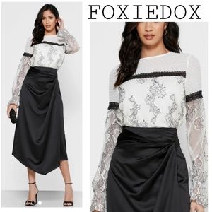 FOXIEDOX blk/wht flrl lace/sheer/mesh blouse Sz XL