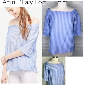 Ann Taylor Blue and white off the shoulder striped shirt. Sz Med
