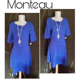 Monteau royal blue scalped fit/flare dress. Sz PMd
