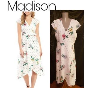 Madison polka-dot/floral pattern wrap dress. Sz L