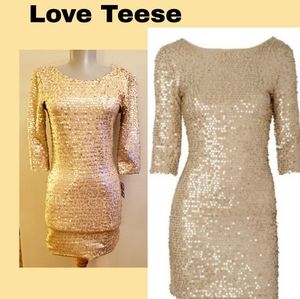 Love Tease gold sequin 3/4 dress. Sz Sm
