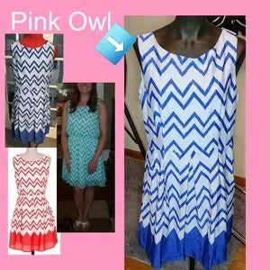 Pink Owl chevron print blue sleeveless dress. Sz Large & Large 4x avail. New