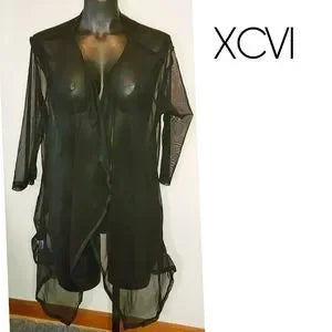 XCVI black SHEER open front waterfall cardigan. Sz Med. Fits Med & Lrg. New.