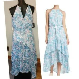 Melrose & Market FLORAL HALTER NECK TIERED HIGH/LOW HEM DRESS IN WHITE- TEAL.