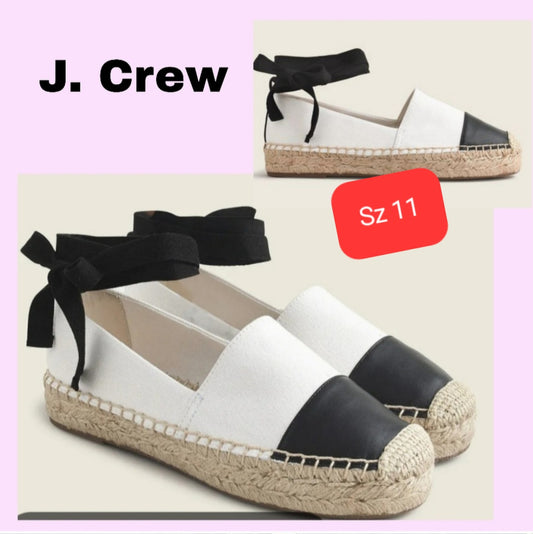 J Crew Black & White Cap Toe Canvas Espadrille Lace-Up Flats. Sz 11