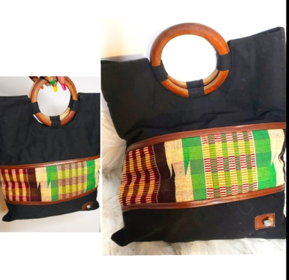 African mudcloth/leather handbag.