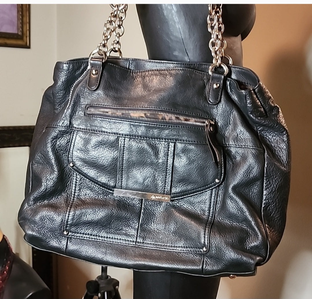 B. Makowsky Large Black Leather/Chain Handbag