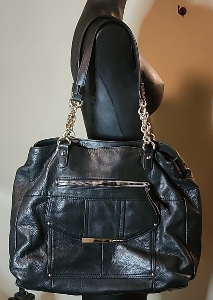 B. Makowsky Large Black Leather/Chain Handbag