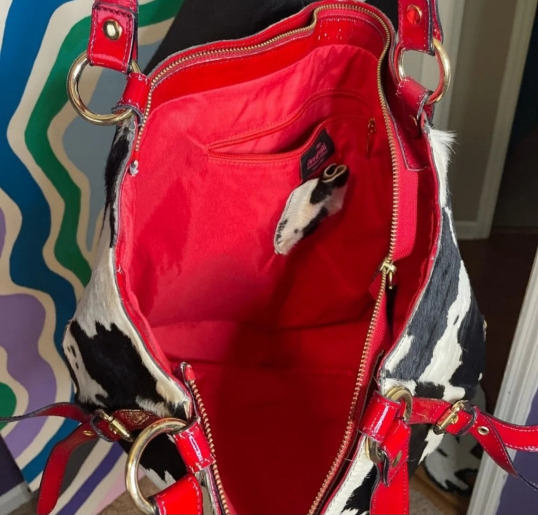 CAVALCANTI Fur & Leather Large Tote. Red patent leather trim.  Gorgeous!