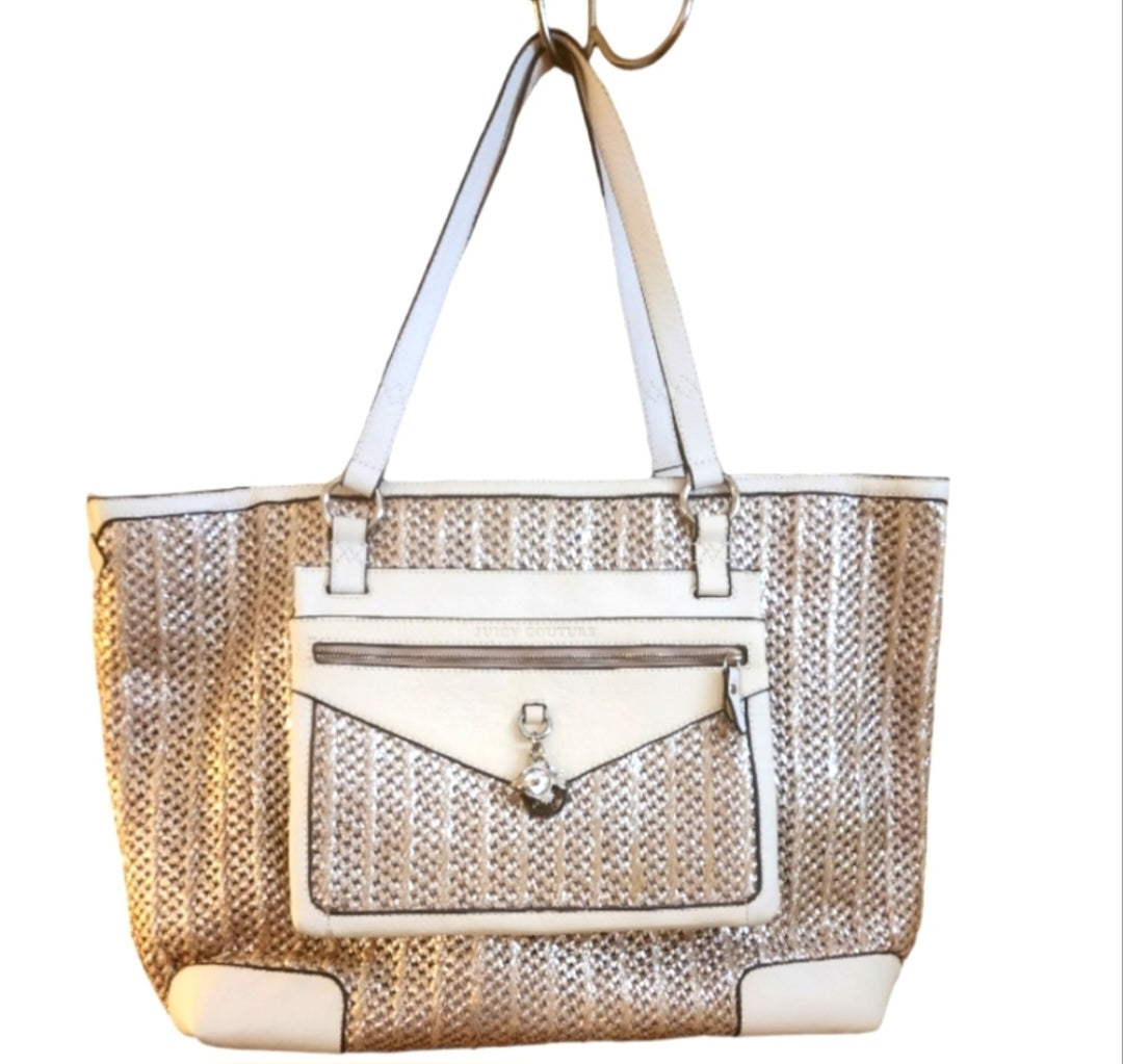 JUICY COUTURE Tote Purse Bag Silver Metallic Woven Daydreamer.