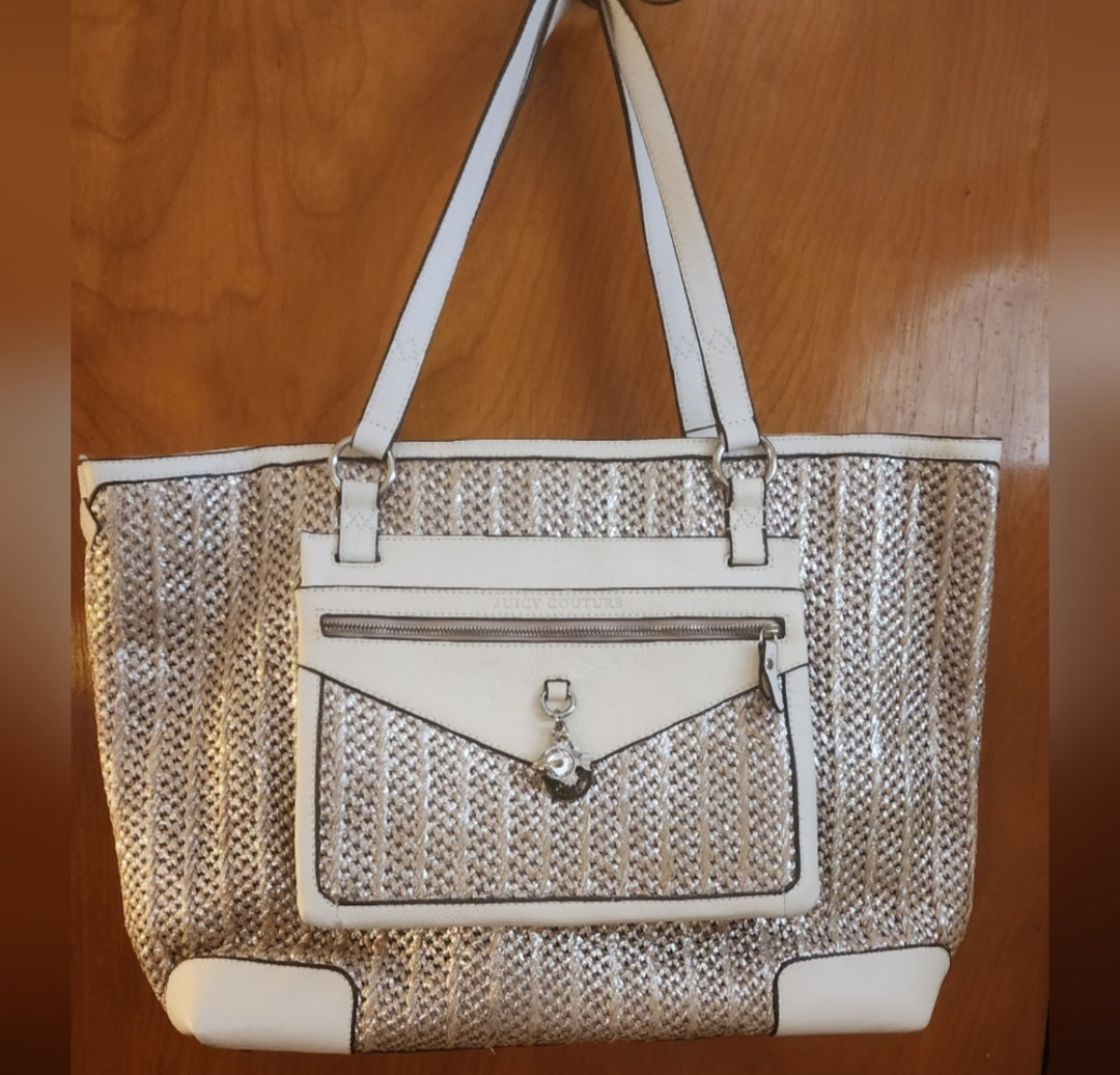 JUICY COUTURE Tote Purse Bag Silver Metallic Woven Daydreamer.