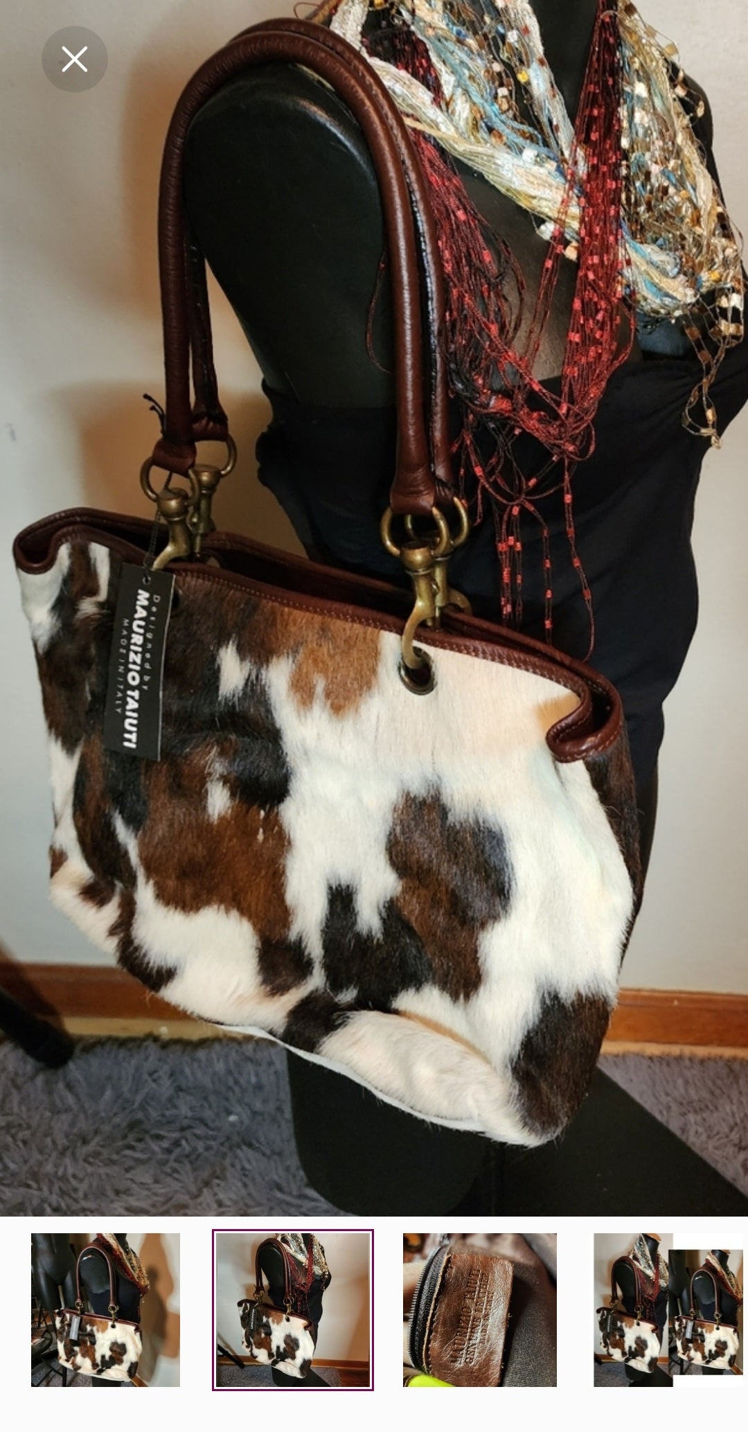 MAURIZIO TAIUTI EXTRA LARGE GENUINE COW HIDE LEATHER FUR TOTE PURSE. NWTs