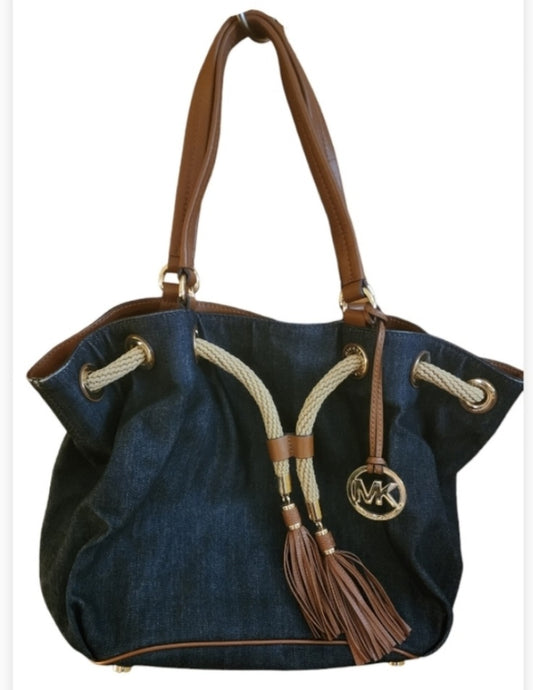 Michael Kors Gold/Denim and Leather Marina drawstring gathered Tote. XL